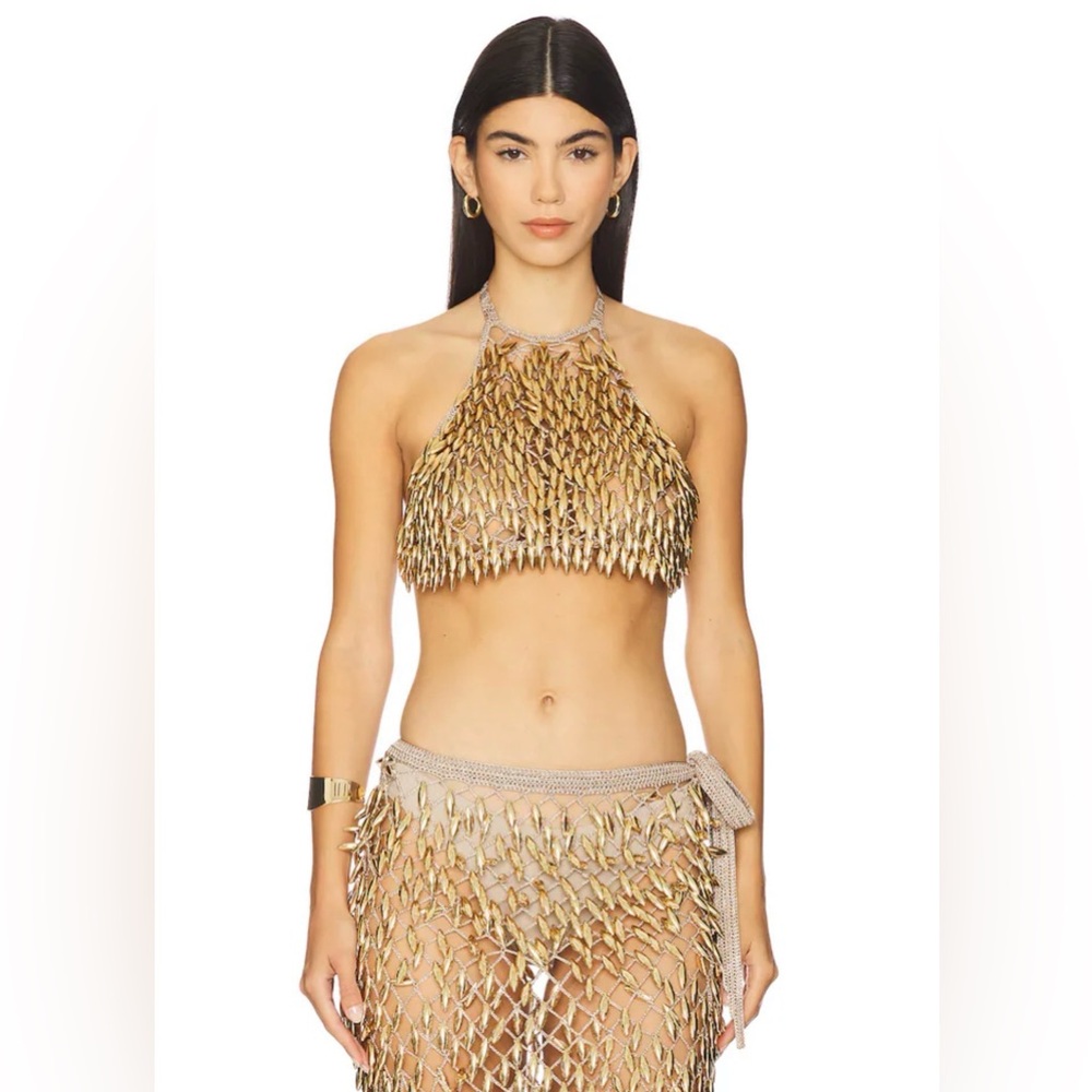 $700 My Beachy Side 2 Piece Beach Crochet Set Gold Adora Skirt and Top Size M